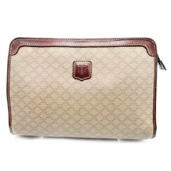 CELINE Clutch Bag Macadam Beige PVC Leather Used Authentic C3698 - Picture 1 of 7